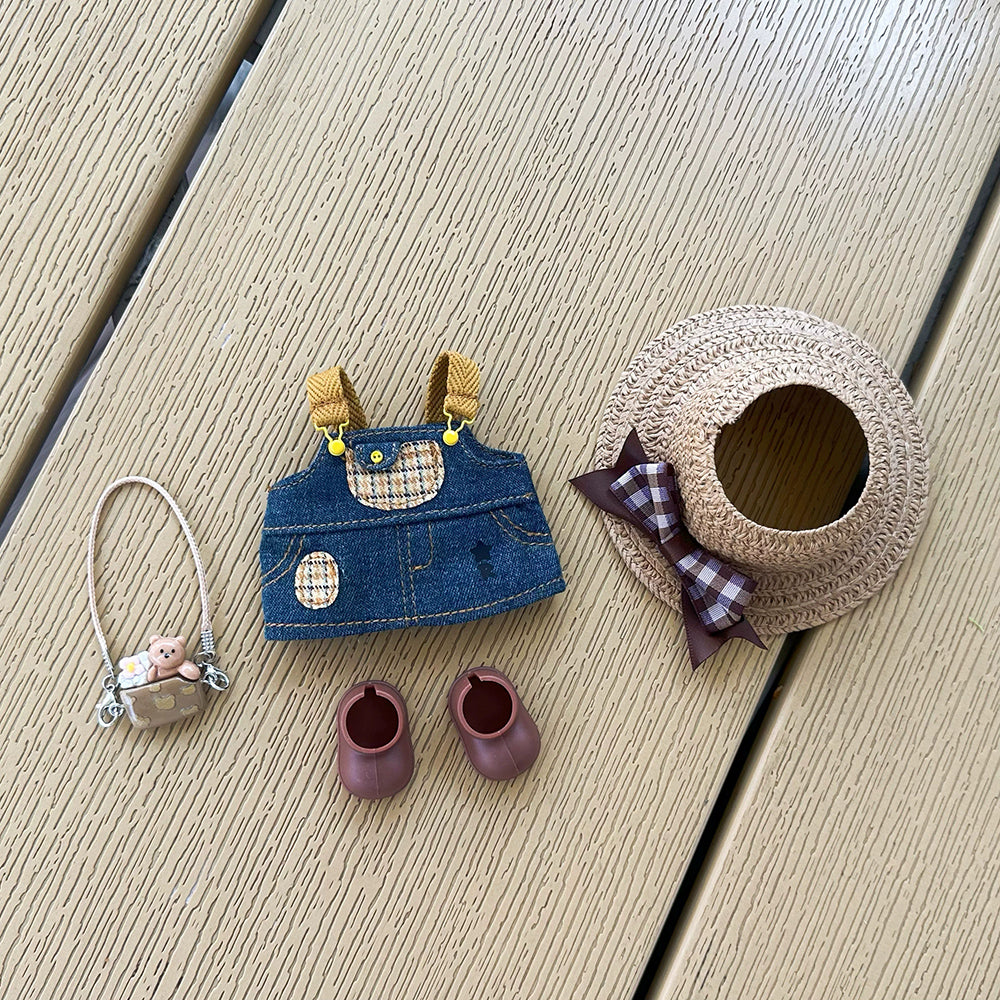 17cm Labubu Doll Outfit Set - Straw Hat, Suspender Dress, Shoes & Bag (Doll Not Included)