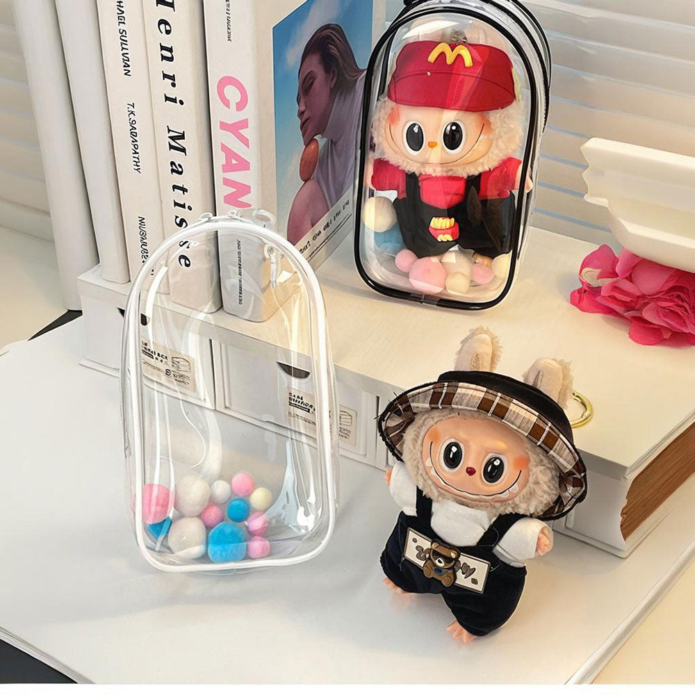 Clear Protective Carrying Case for 15–17cm Labubu Figures – Thickened PVC Dustproof Bag with Double Zippers & Metal Hook