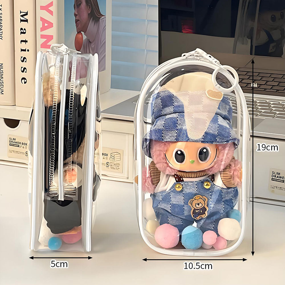 Clear Protective Carrying Case for 15–17cm Labubu Figures – Thickened PVC Dustproof Bag with Double Zippers & Metal Hook