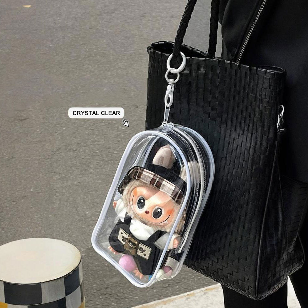 Clear Protective Carrying Case for 15–17cm Labubu Figures – Thickened PVC Dustproof Bag with Double Zippers & Metal Hook