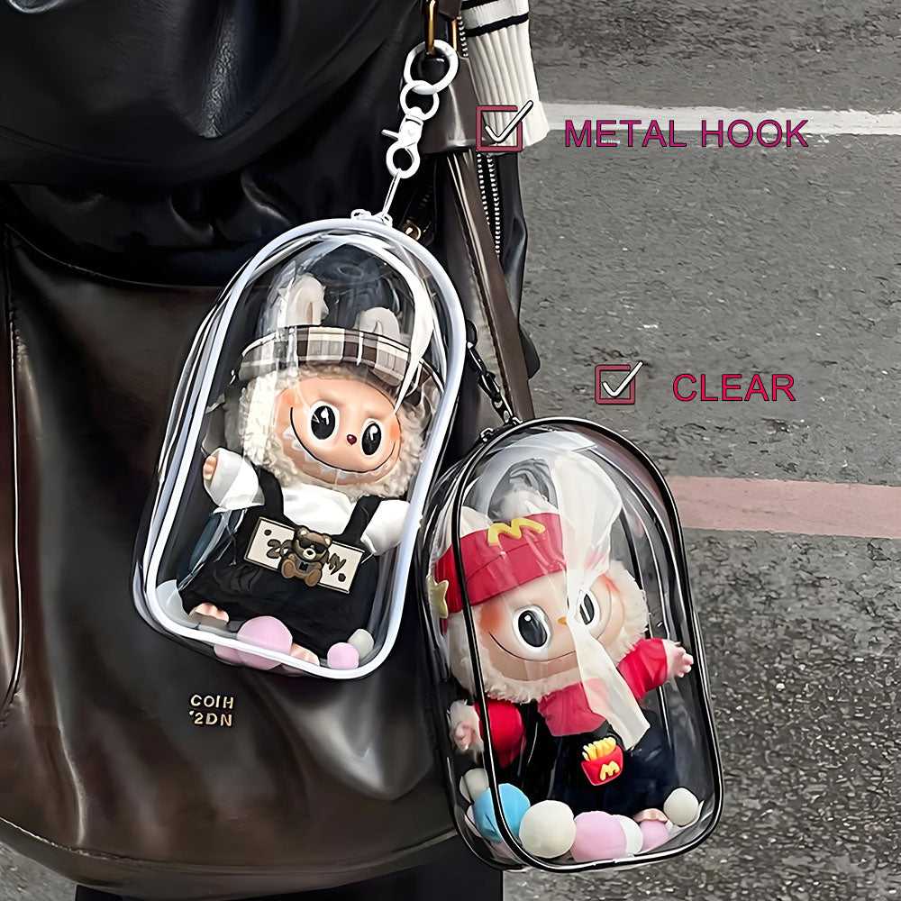 Clear Protective Carrying Case for 15–17cm Labubu Figures – Thickened PVC Dustproof Bag with Double Zippers & Metal Hook