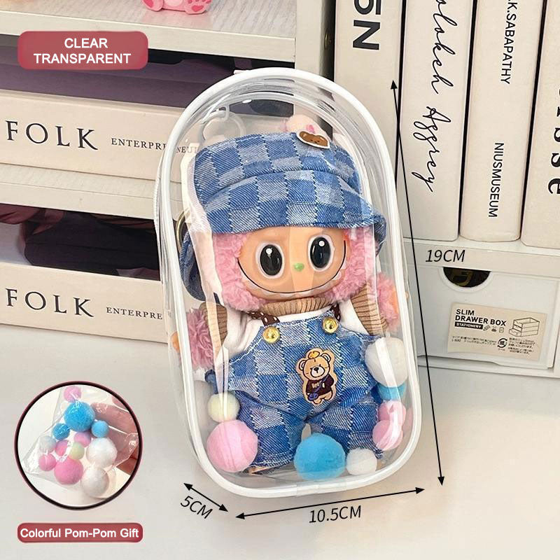 Clear Protective Carrying Case for 15–17cm Labubu Figures – Thickened PVC Dustproof Bag with Double Zippers & Metal Hook