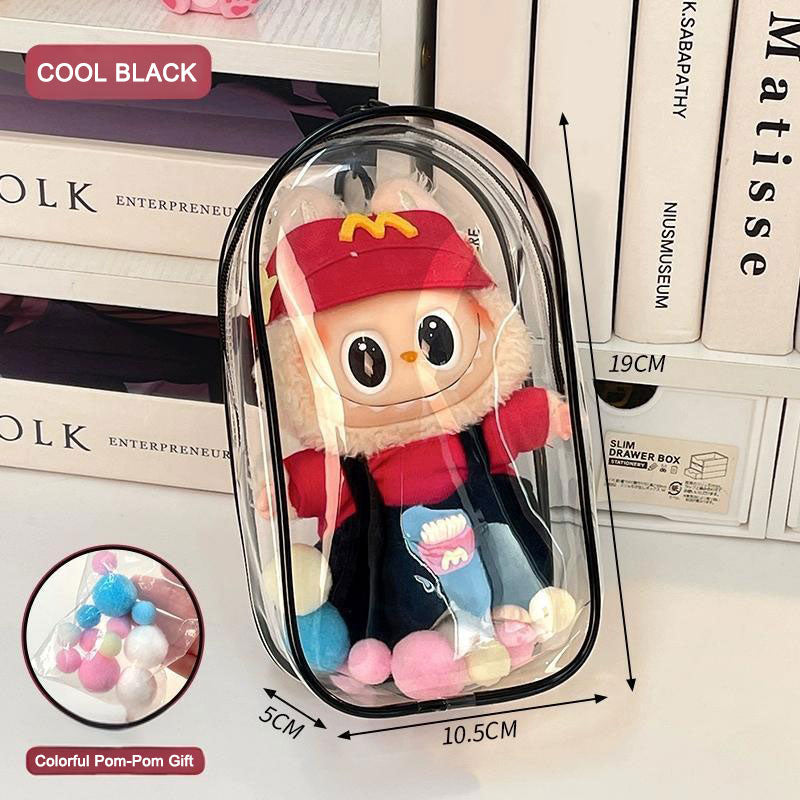 Clear Protective Carrying Case for 15–17cm Labubu Figures – Thickened PVC Dustproof Bag with Double Zippers & Metal Hook