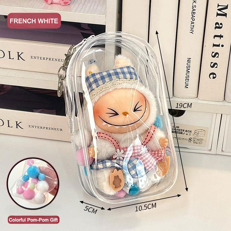 Clear Protective Carrying Case for 15–17cm Labubu Figures – Thickened PVC Dustproof Bag with Double Zippers & Metal Hook