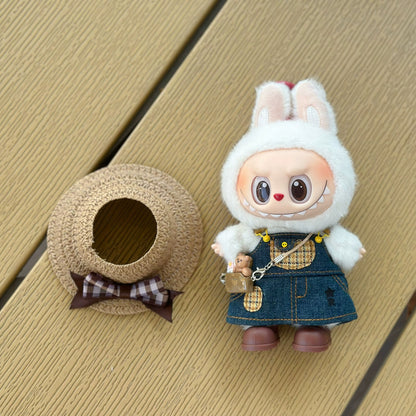 17cm Labubu Doll Outfit Set - Straw Hat, Suspender Dress, Shoes & Bag (Doll Not Included)