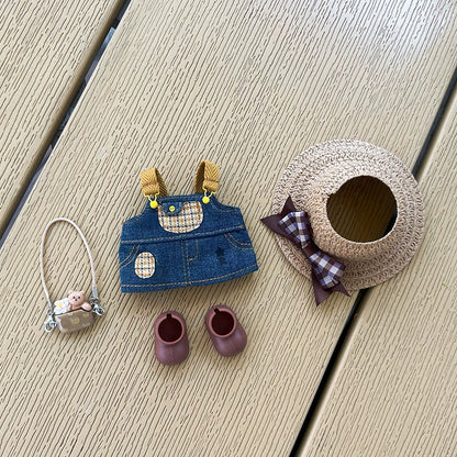 17cm Labubu Doll Outfit Set - Straw Hat, Suspender Dress, Shoes & Bag (Doll Not Included)