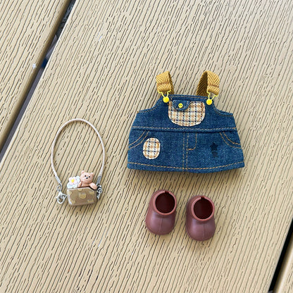 17cm Labubu Doll Outfit Set - Straw Hat, Suspender Dress, Shoes & Bag (Doll Not Included)