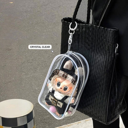 Clear Protective Carrying Case for 15–17cm Labubu Figures – Thickened PVC Dustproof Bag with Double Zippers & Metal Hook