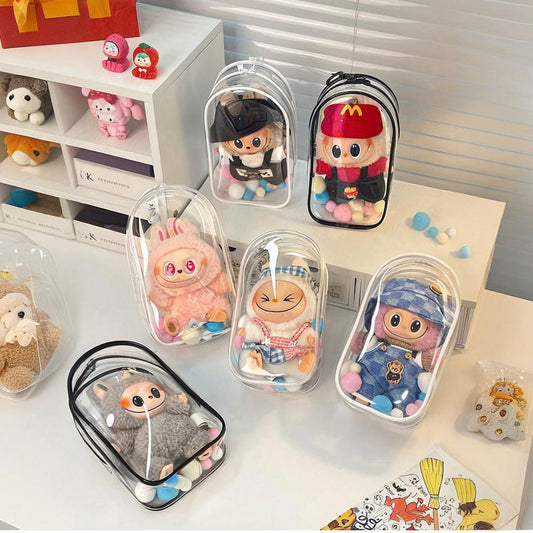 Clear Protective Carrying Case for 15–17cm Labubu Figures – Thickened PVC Dustproof Bag with Double Zippers & Metal Hook