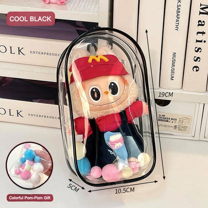Clear Protective Carrying Case for 15–17cm Labubu Figures – Thickened PVC Dustproof Bag with Double Zippers & Metal Hook