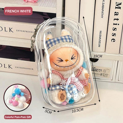 Clear Protective Carrying Case for 15–17cm Labubu Figures – Thickened PVC Dustproof Bag with Double Zippers & Metal Hook