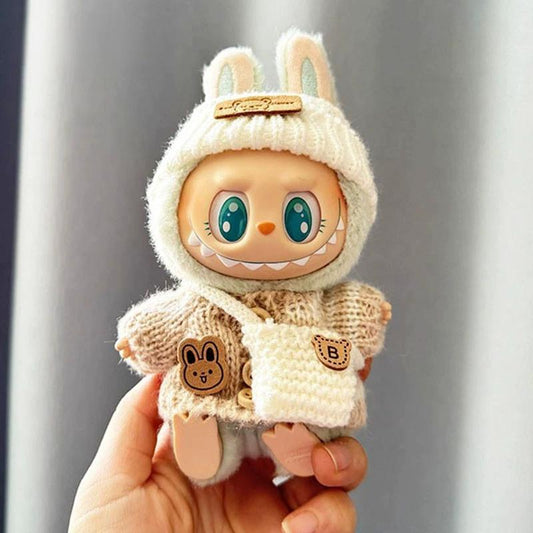 Knit Style Outfit Set for 17cm Seated Labubu – Sweater, Hat & Mini Bag (Doll Not Included)